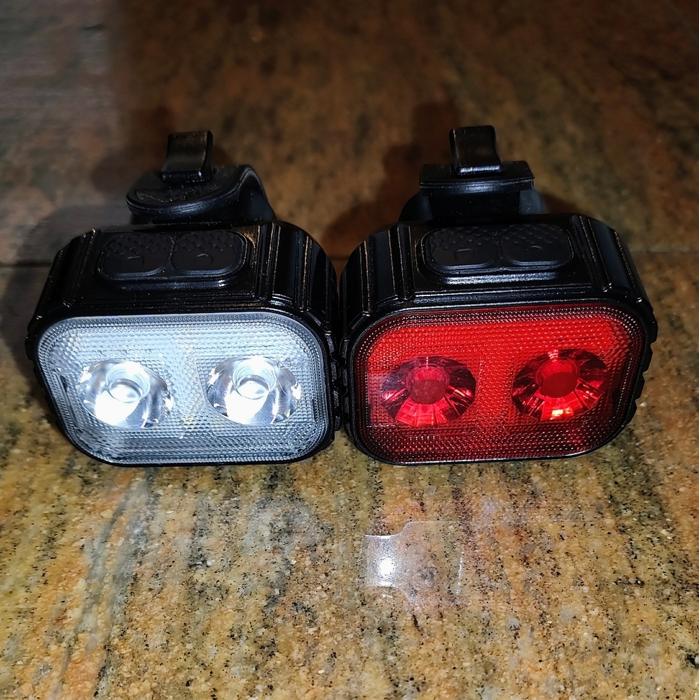 Front and back mountable rechargeable bright lights.
